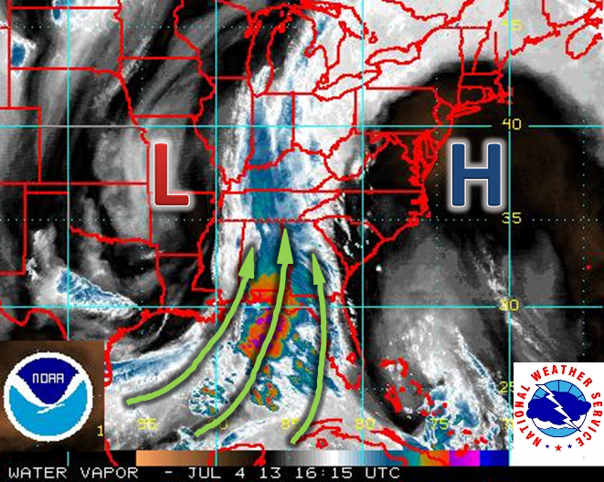 Water vapor imagery from 1615 UTC (1215 PM EDT) on July 4, 2013 showing tropical moisture being drawn northward into the region between a trough to the west and a ridge over the Atlantic.