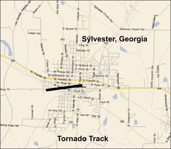 Figure 1.  Damage path of the tornado that tracked across Sylvester, GA, on December 5, 2005.