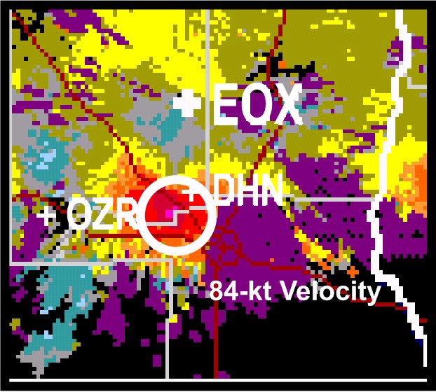 This image depicts a base velocity image from the Fort Rucker, AL, (KEOX) doppler radar showing 84-kt outbound velocity at 2331 UTC Tuesday, August 8, 2006 at an elevation of about 640 ft AGL.