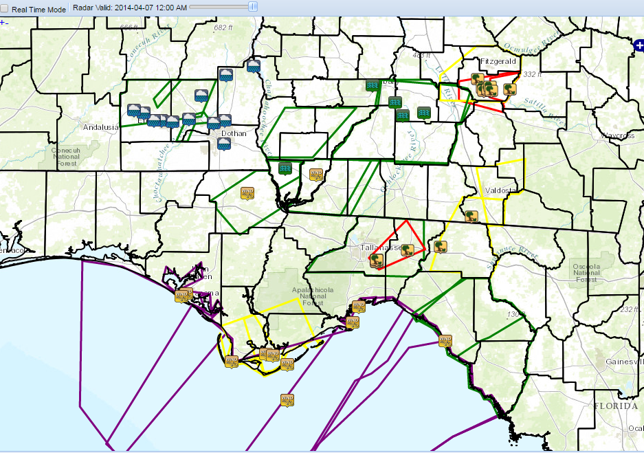 Map showing warning polygons and observed reports of severe weather and flooding that occurred on April 7, 2014. Polygons for tornado warnings (red), severe thunderstorm warnings (yellow), flood warnings (green) and special marine warnings (purple) are shown. Rain symbols indicate areas that reported in excess of 3 inches of rain. The waves indicate flooding reports. Tornado, wind and wind damage icons are also included.