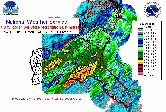 Two-day radar-derived rainfall estimates for the 7-day period from February 20-27, 2008. Click on the image for a larger view.