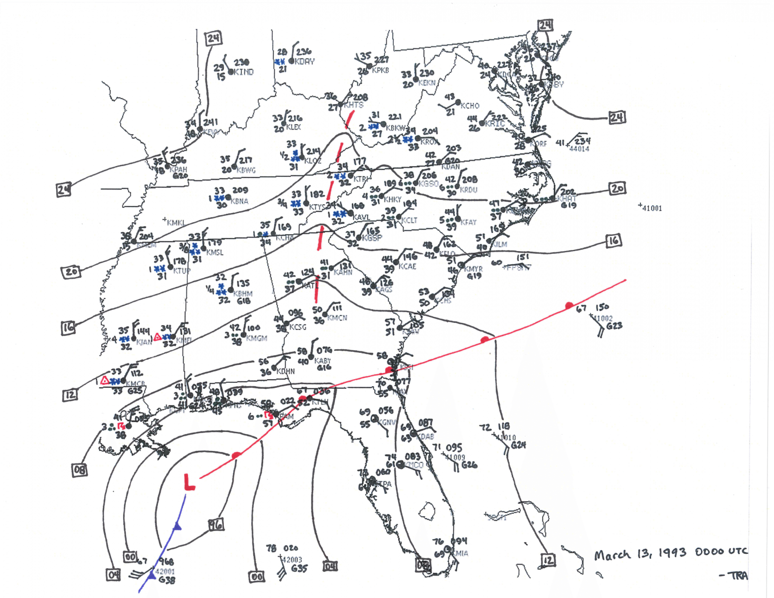 1993 Storm of the Century Surface Analysis at 7 PM March 13, 1993