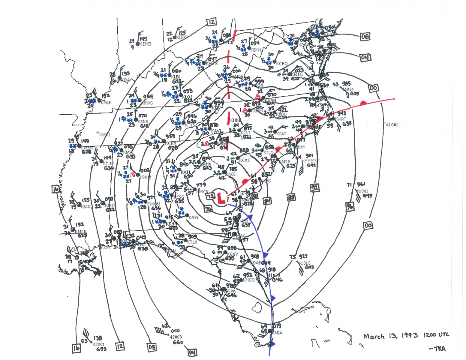 1993 Storm of the Century Surface Analysis at 7 AM March 13, 1993