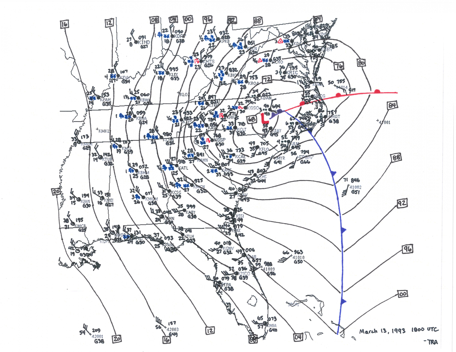 1993 Storm of the Century Surface Analysis at 1 PM March 13, 1993