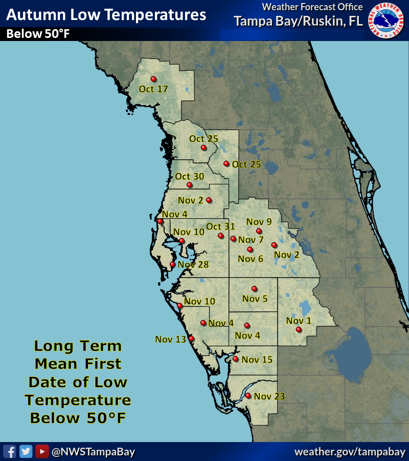 Long Term Mean Date of First Low Temperature at or below 50 degrees Fahrenheit