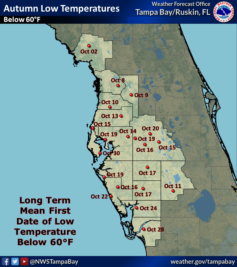 Long Term Mean Date of First Low Temperature at or below 60 degrees Fahrenheit