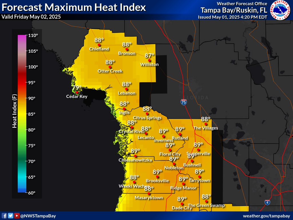 Maximum Heat Index for Day 1 across the Nature Coast