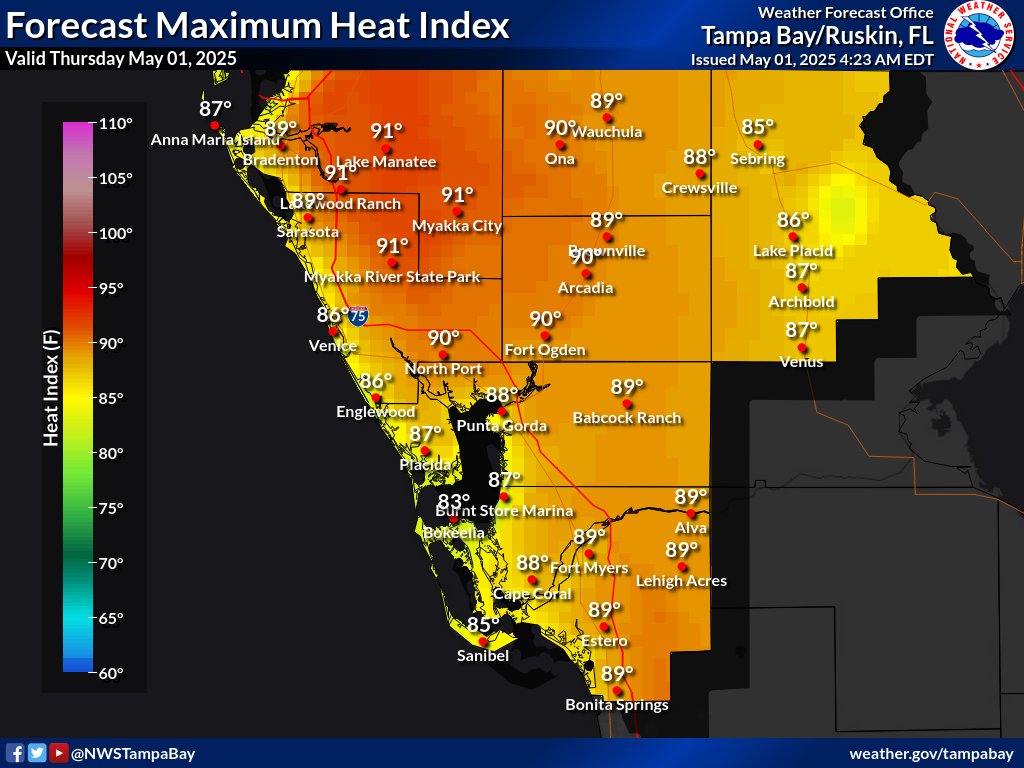 Maximum Heat Index for Day 1 across Southwest Florida