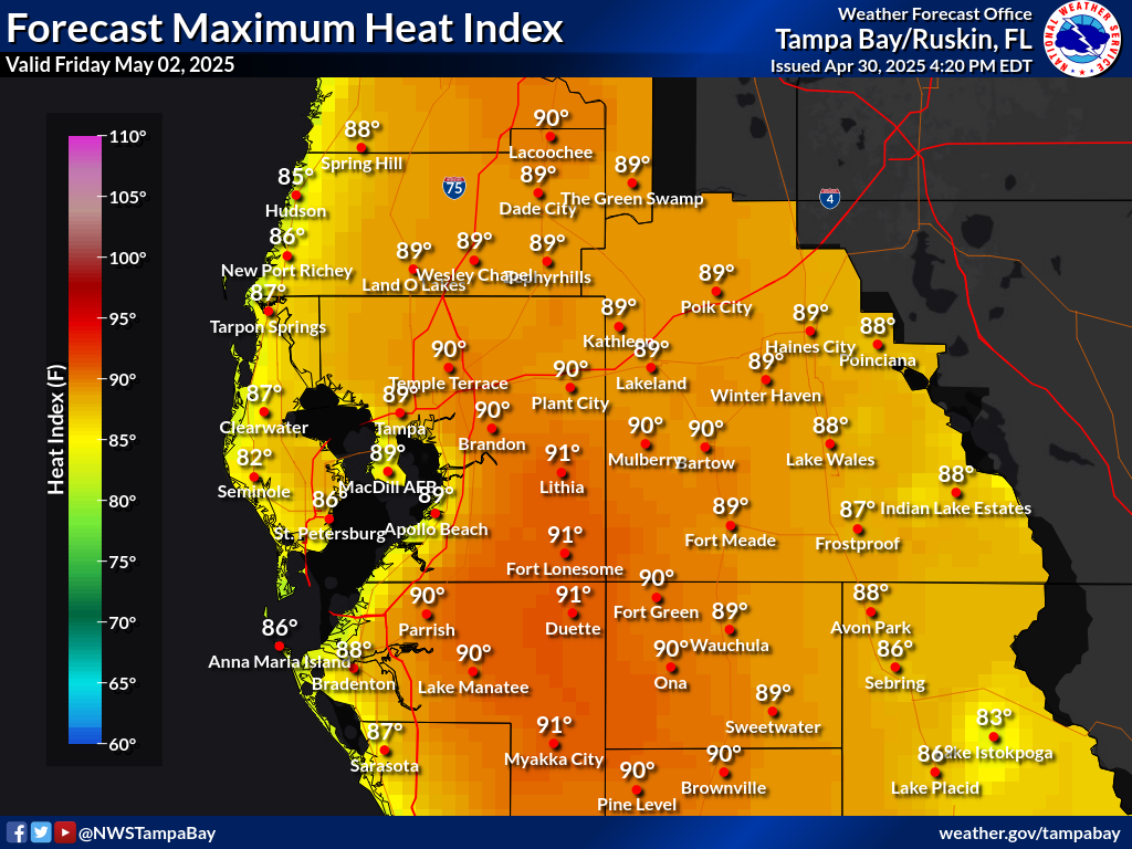 Maximum Heat Index for Day 2 across West Central Florida
