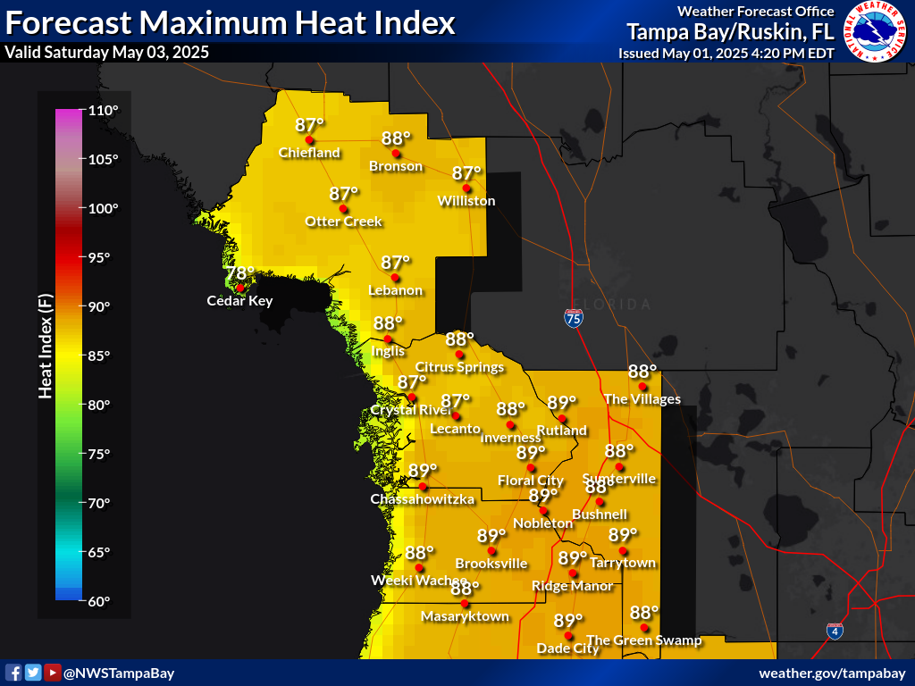 Maximum Heat Index for Day 2 across the Nature Coast
