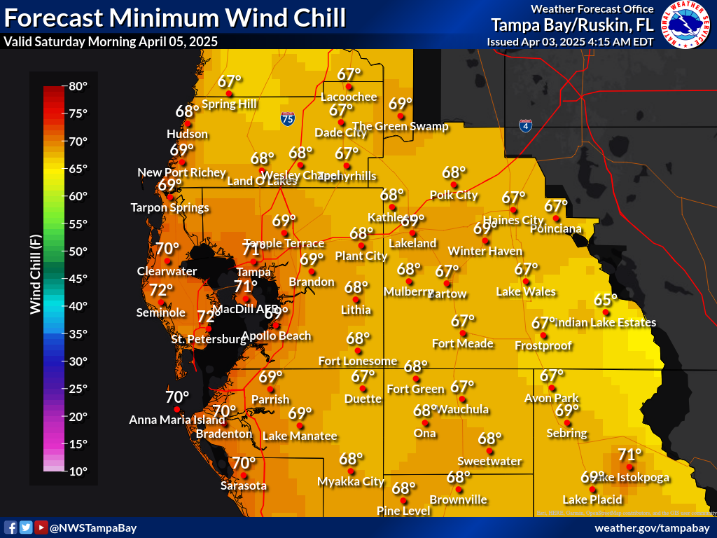 Minimum Wind Chill for Night 2 across West Central Florida