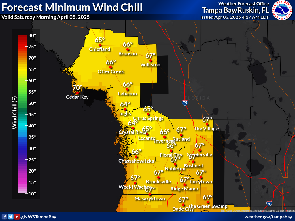 Minimum Wind Chill for Night 2 across the Nature Coast
