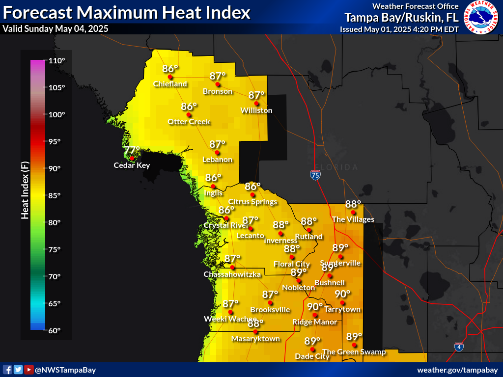 Maximum Heat Index for Day 3 across the Nature Coast