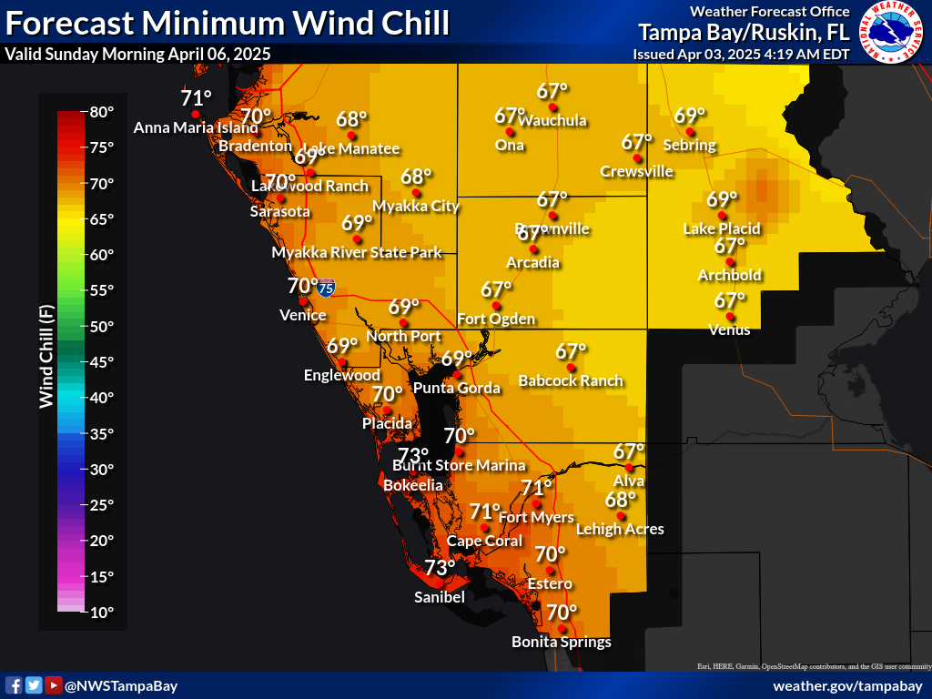 Minimum Wind Chill for Night 3 across Southwest Florida