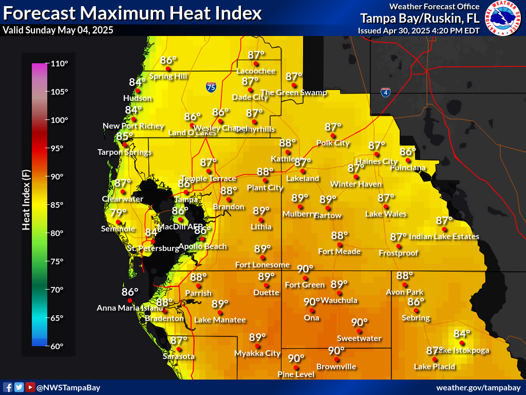 Maximum Heat Index for Day 4 across West Central Florida
