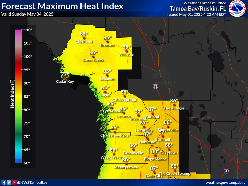 Maximum Heat Index for Day 4 across the Nature Coast