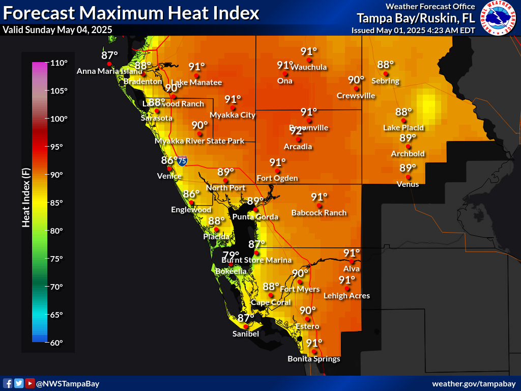 Maximum Heat Index for Day 4 across Southwest Florida