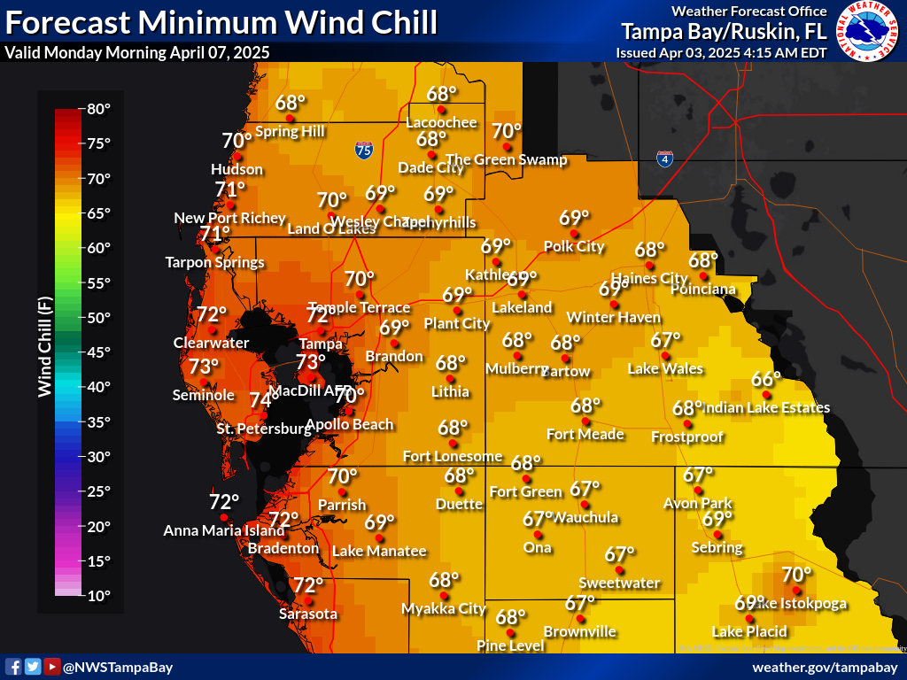Minimum Wind Chill for Night 4 across West Central Florida