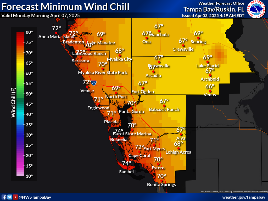 Minimum Wind Chill for Night 4 across Southwest Florida