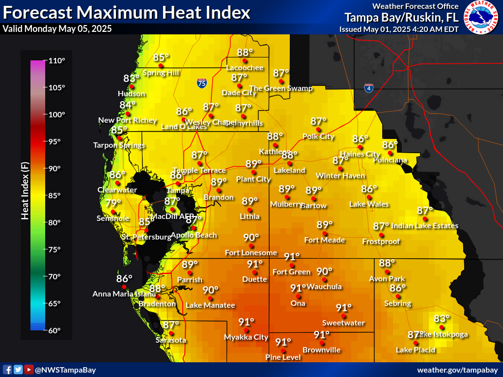 Maximum Heat Index for Day 5 across West Central Florida