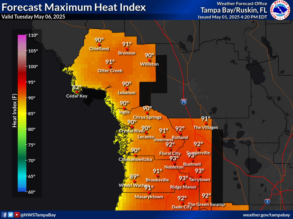 Maximum Heat Index for Day 5 across the Nature Coast