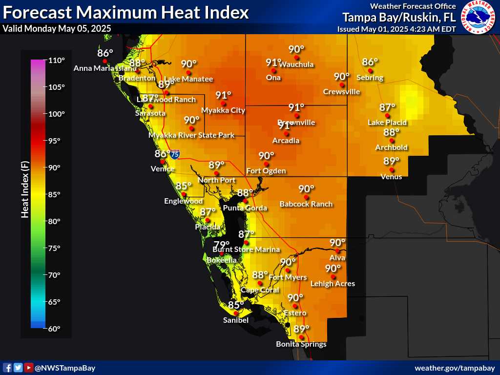 Maximum Heat Index for Day 5 across Southwest Florida