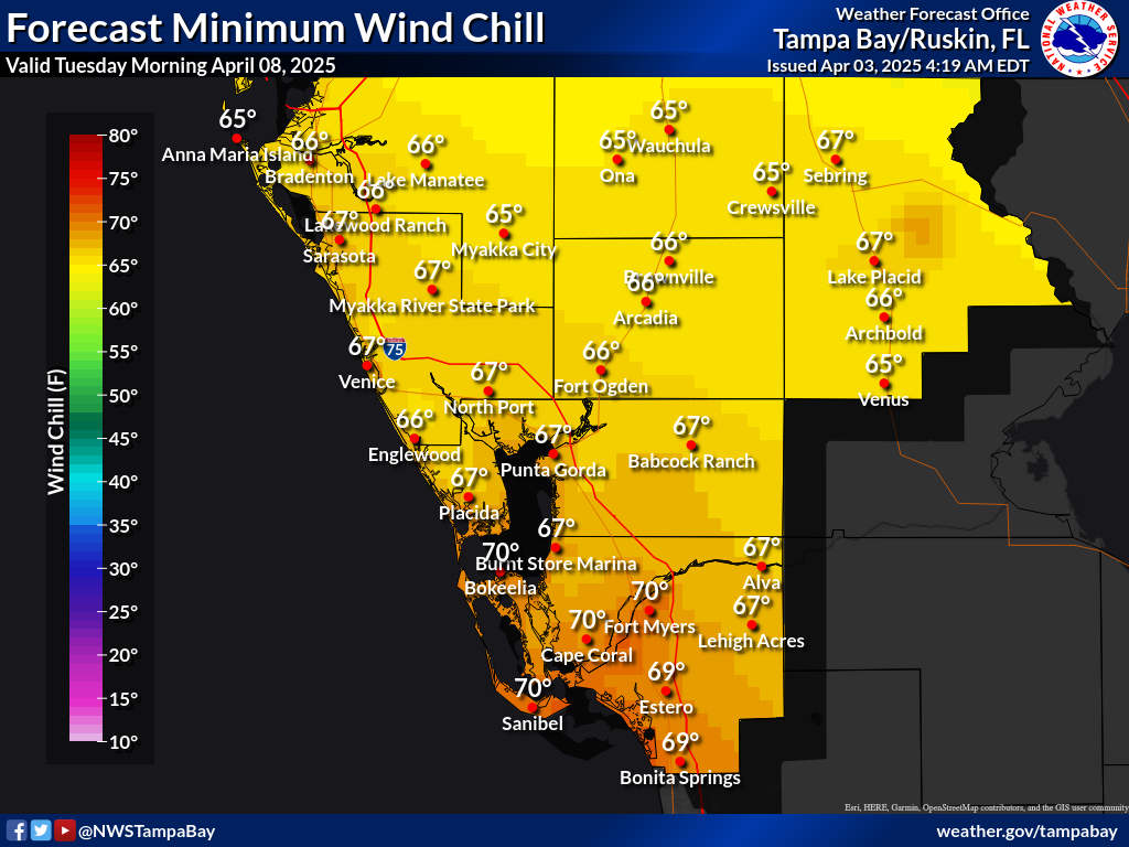Minimum Wind Chill for Night 5 across Southwest Florida