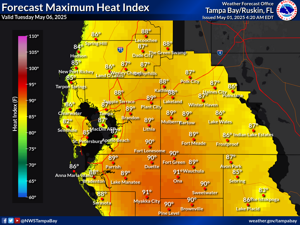 Maximum Heat Index for Day 6 across West Central Florida