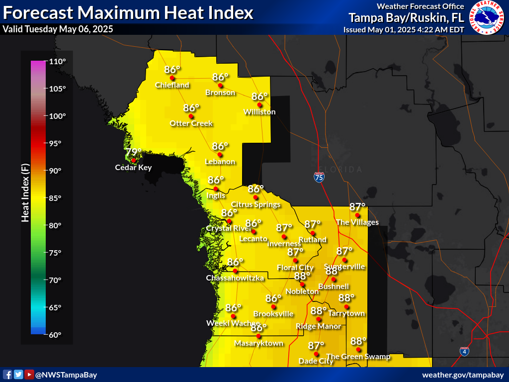 Maximum Heat Index for Day 6 across the Nature Coast