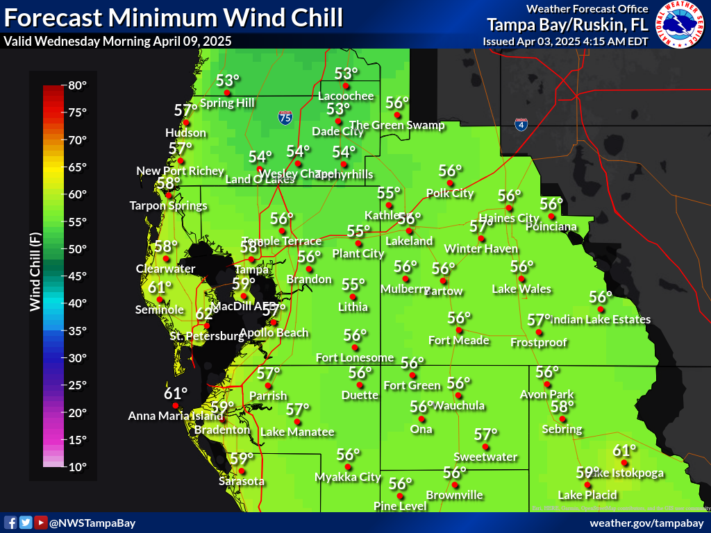Minimum Wind Chill for Night 6 across West Central Florida