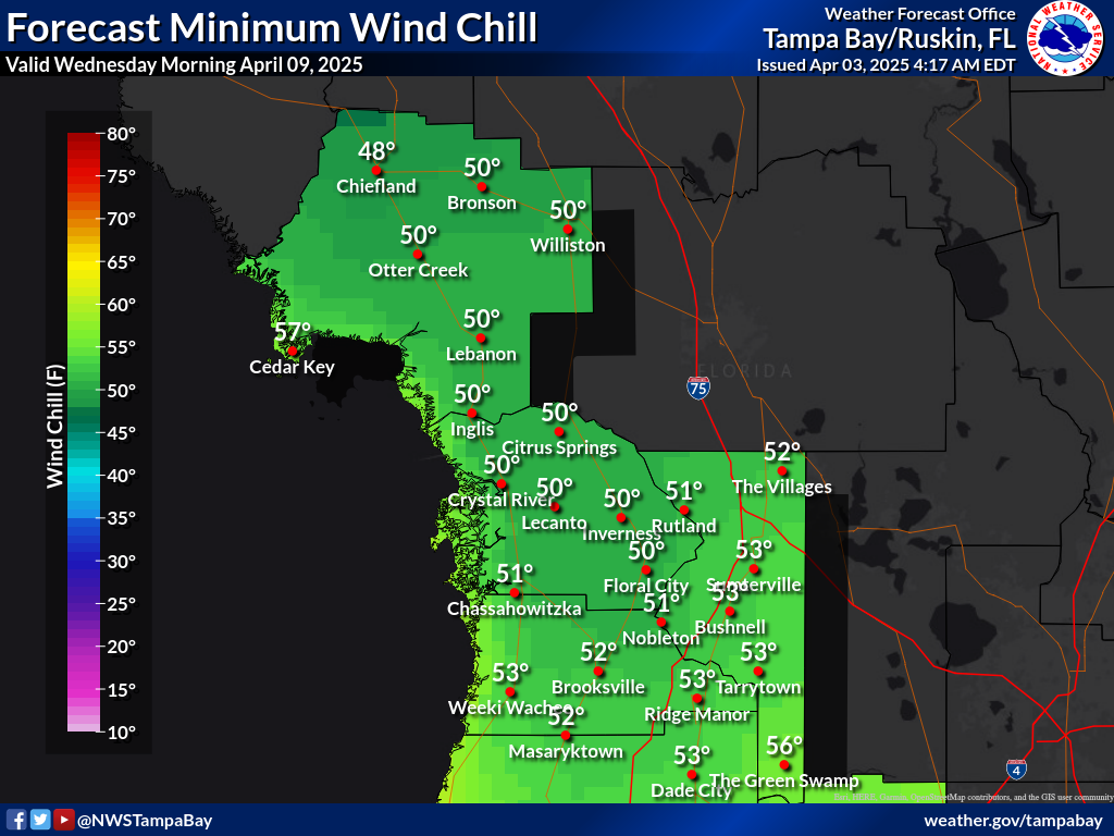Minimum Wind Chill for Night 6 across the Nature Coast