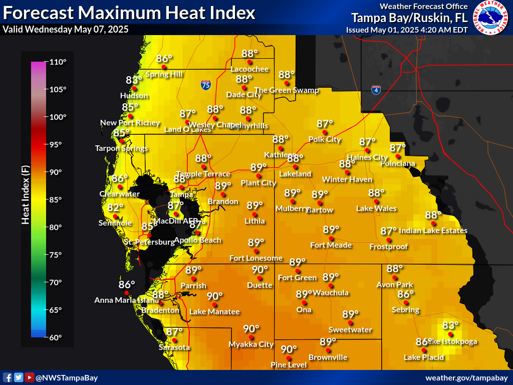 Maximum Heat Index for Day 7 across West Central Florida