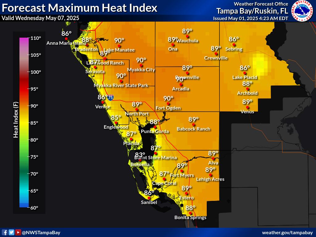 Maximum Heat Index for Day 7 across Southwest Florida