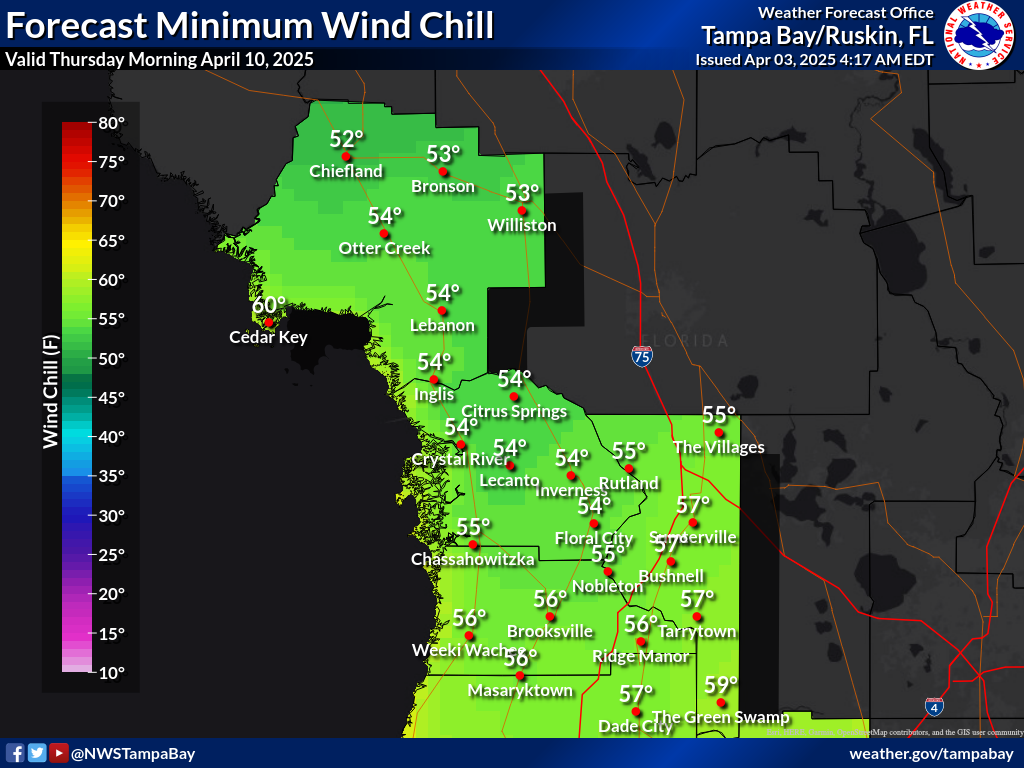 Minimum Wind Chill for Night 7 across the Nature Coast