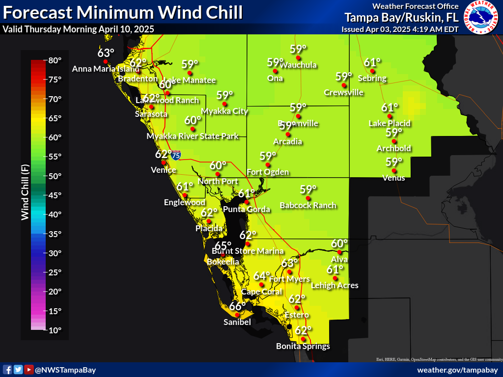 Minimum Wind Chill for Night 7 across Southwest Florida