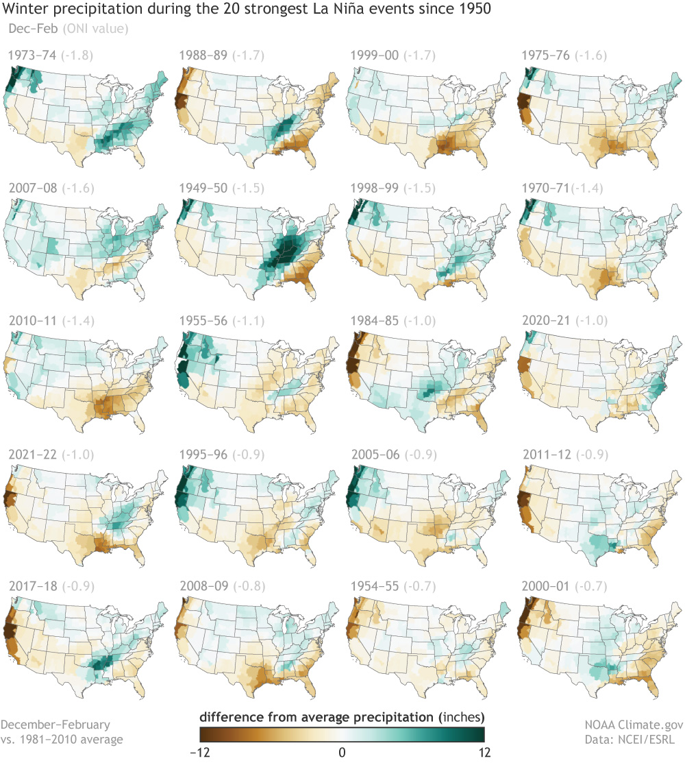 Winter (Dec-Feb) Precipitation during strong, moderate, and weak La Niñas since 1950