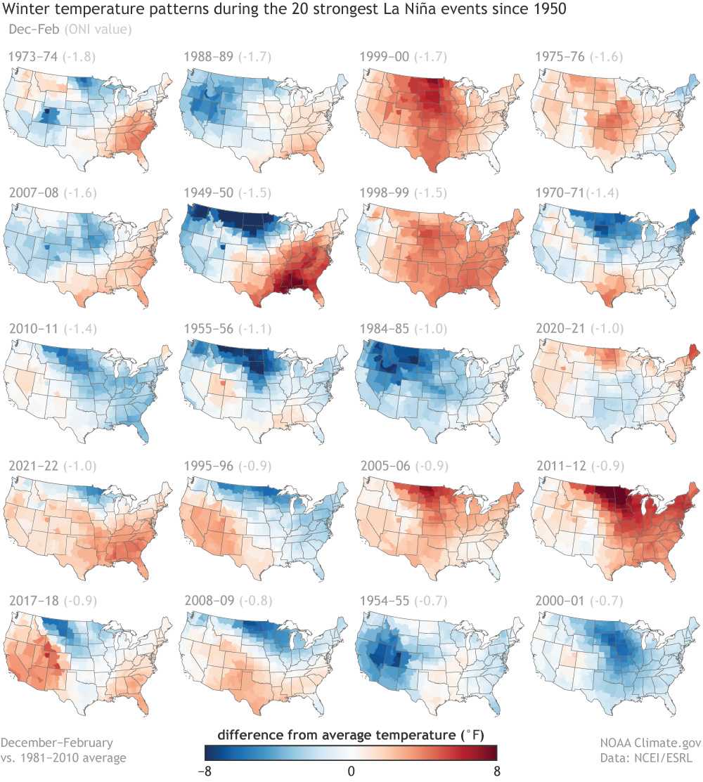 Winter (Dec-Feb) Temperature during strong, moderate, and weak La Niñas since 1950