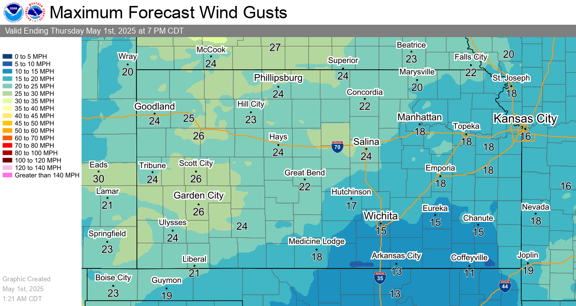 Tomorrow's Highest Wind Gusts