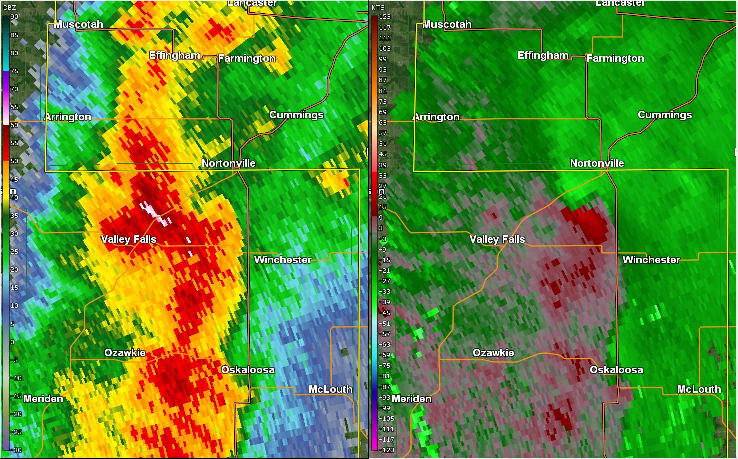 Radar reflectivity and storm-relative velocity from 8:04PM on March 29, 2022.