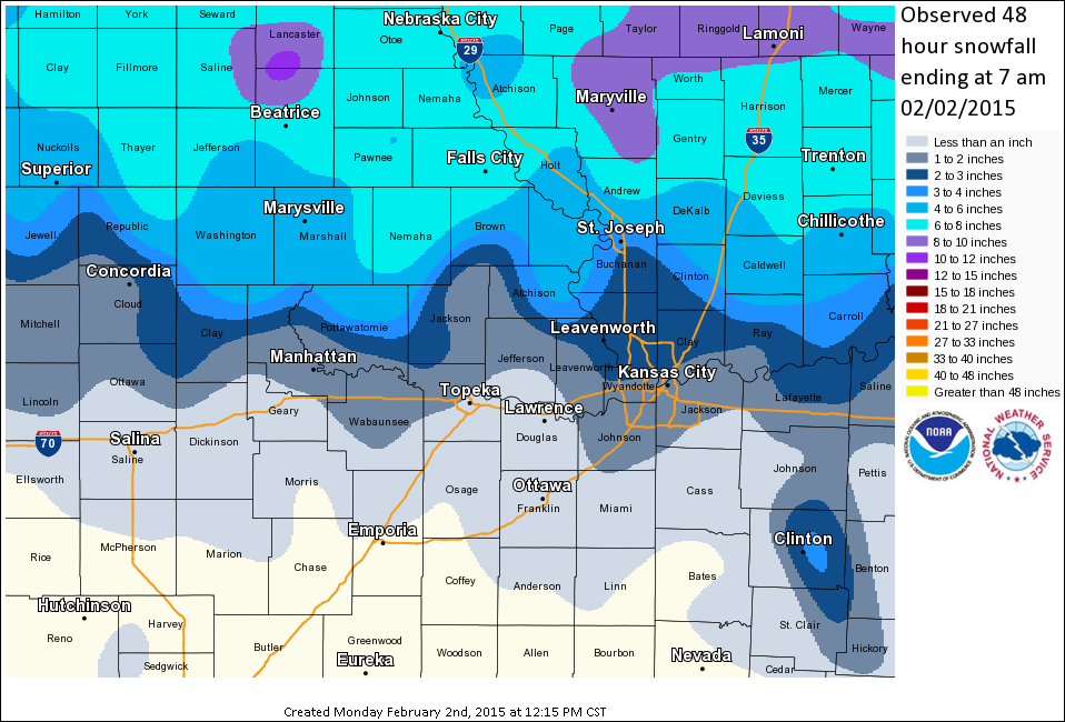 Snowfall totals, January 31st through February 1st 2015