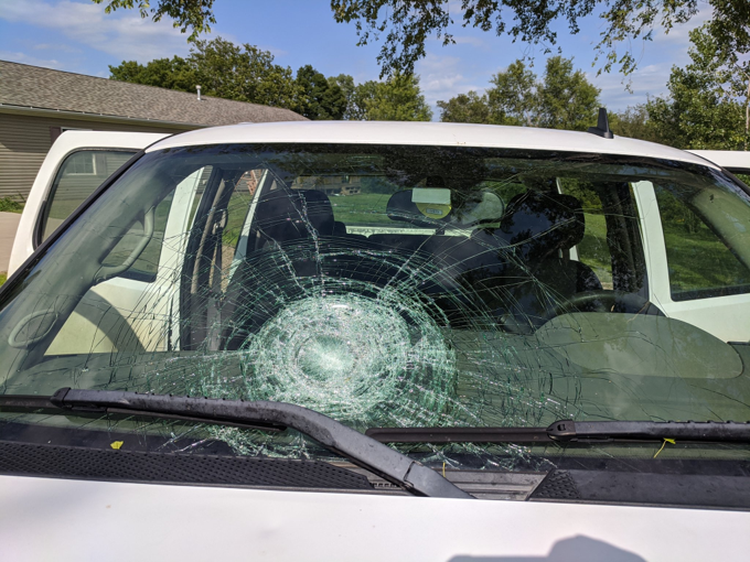 Car windshield destroyed by large hail