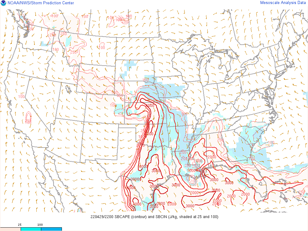 Surface based CAPE and CIN valid at 5pm.
