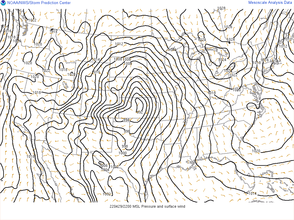 Sea level pressure and surface winds valid at 5pm.	