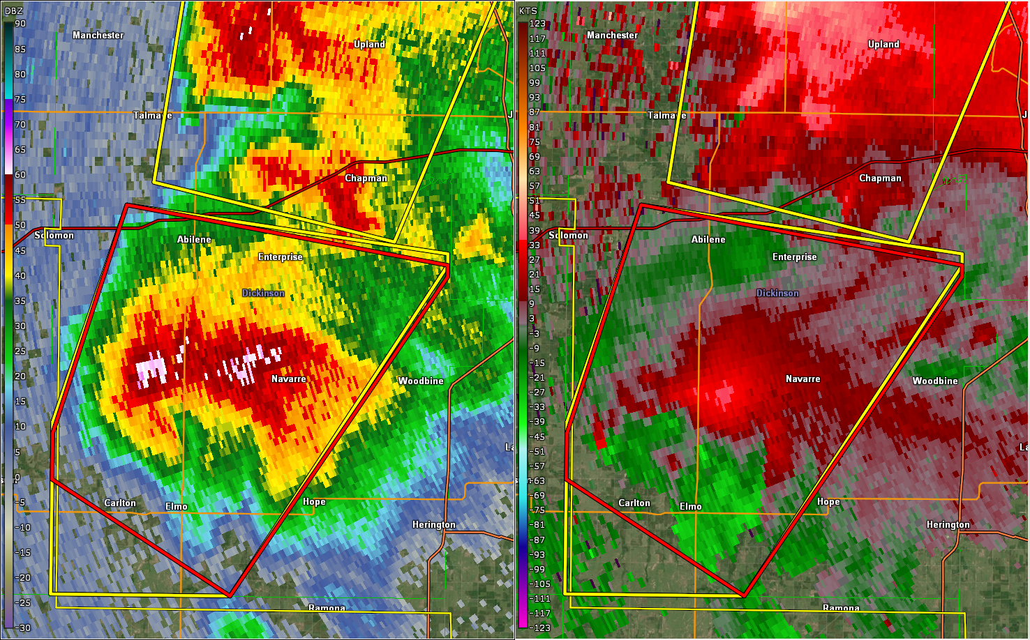 Radar at 6:32pm, at the time of the first tornado northeast of Carlton.