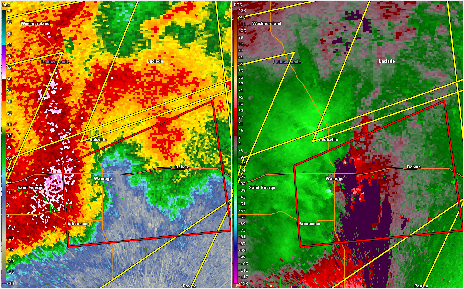 Radar at 8:09pm, as tornado #3 passed just south of Wamego.