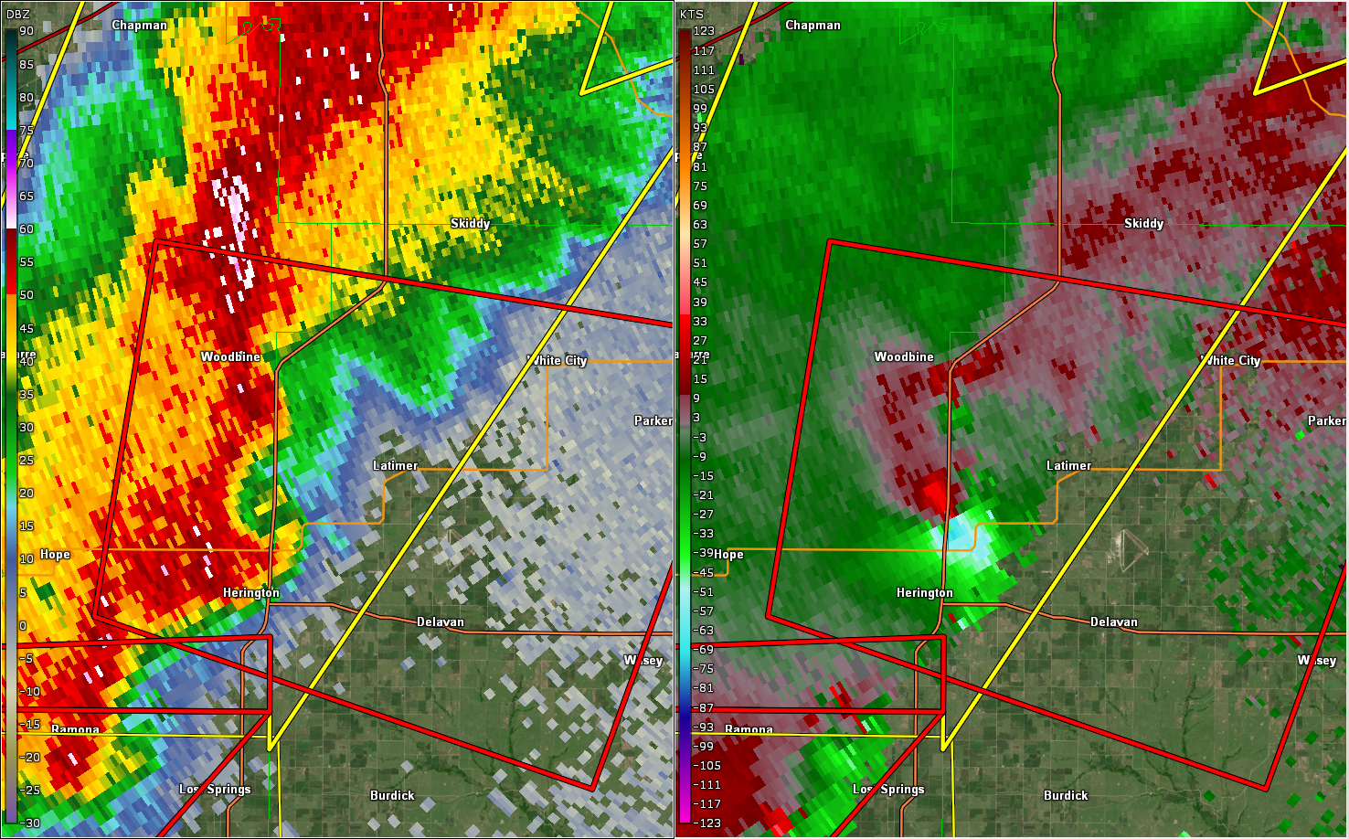 Radar at 8:09pm, near the beginning of tornado #4 north of Herington.