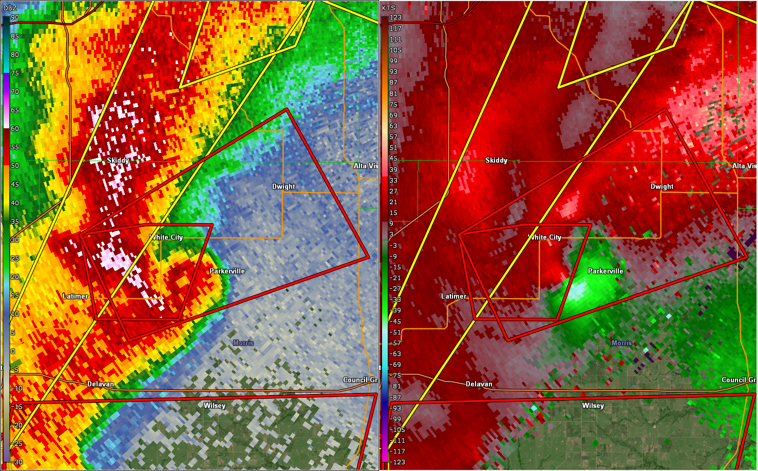 Radar at 8:25pm, near the end of tornado #4 just southwest of Parkerville.