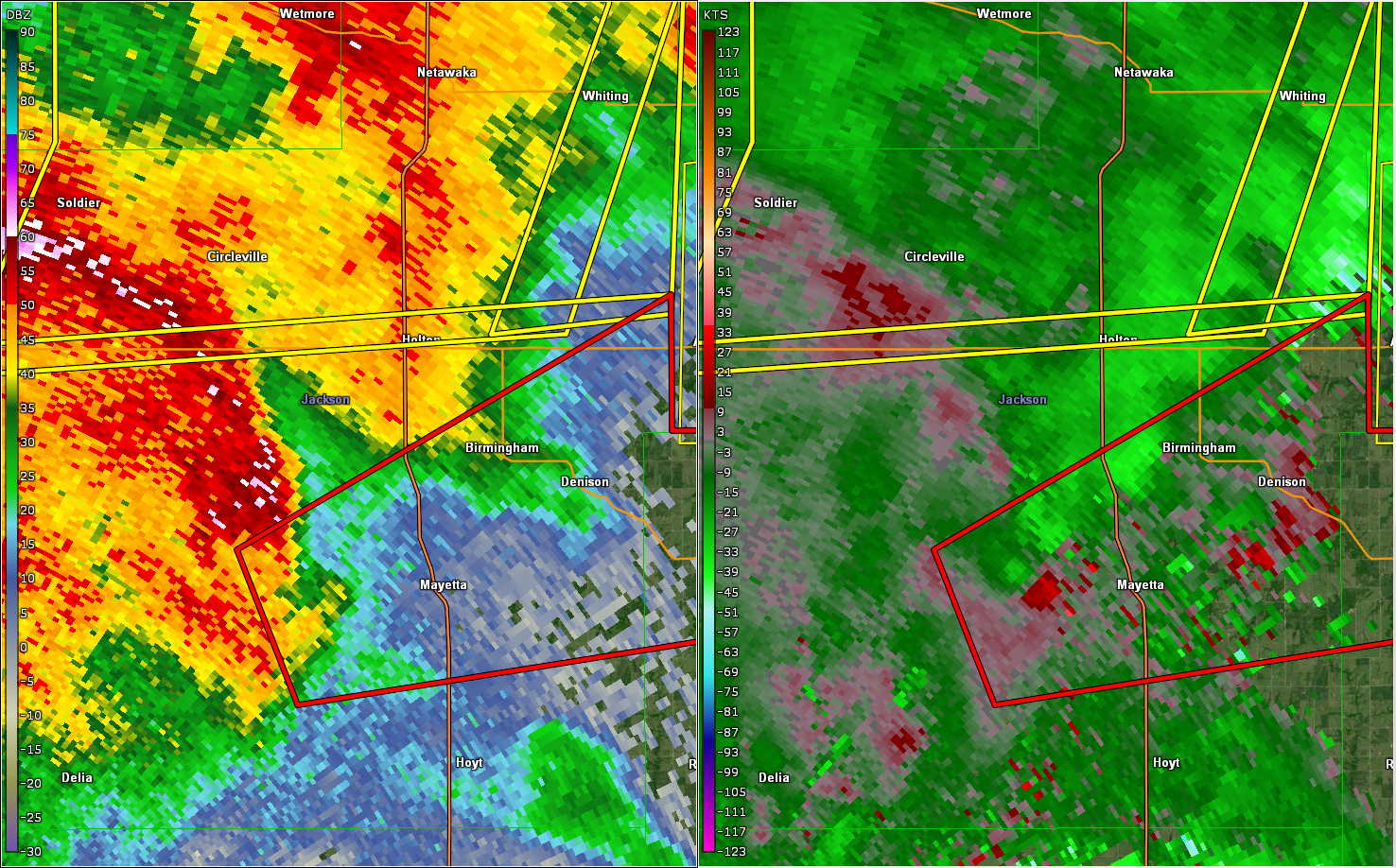 Radar at 8:43pm, near the end of tornado #5 west of Mayetta.