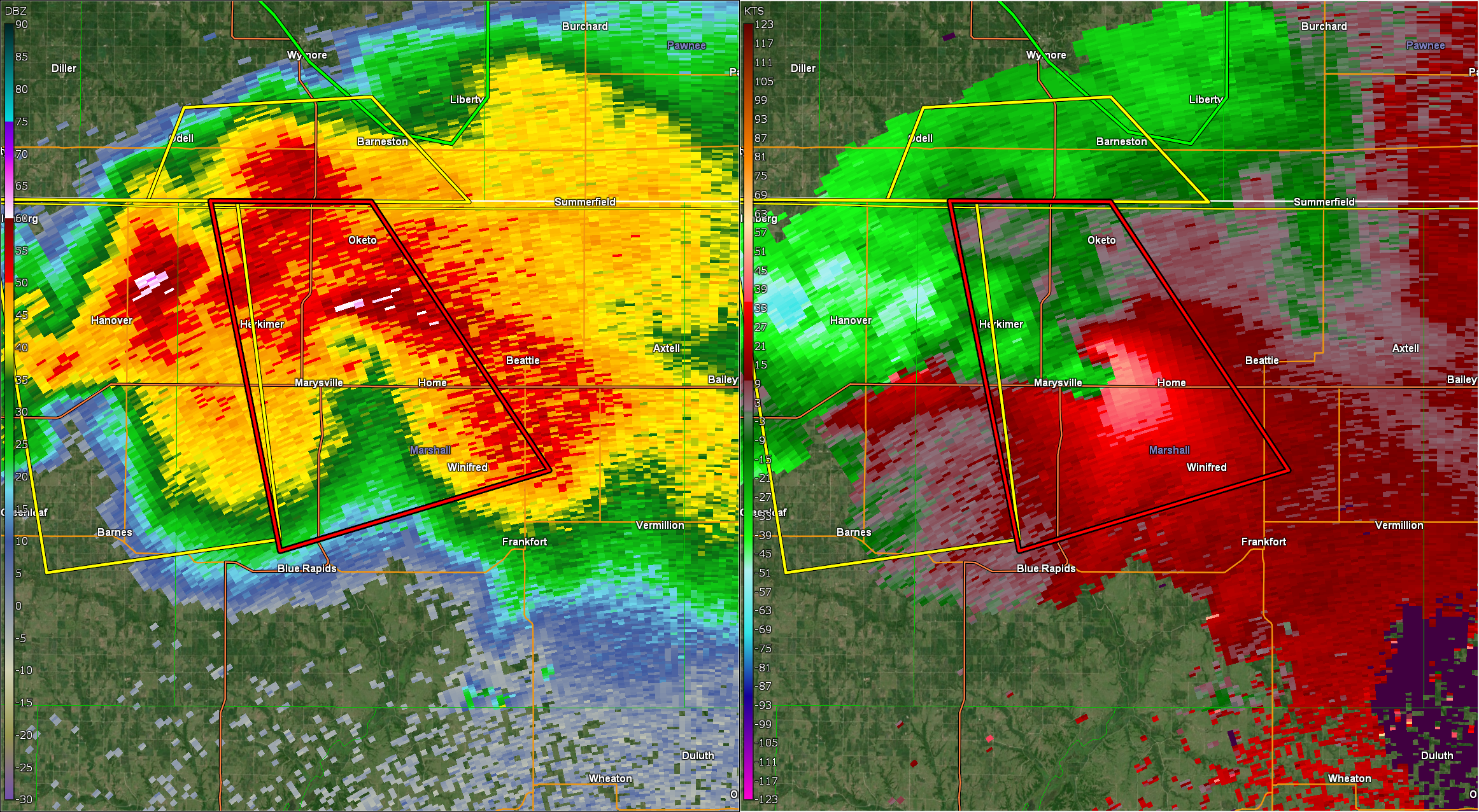 Radar at 6:05 PM with likely two tornadoes occurring near Marysville.