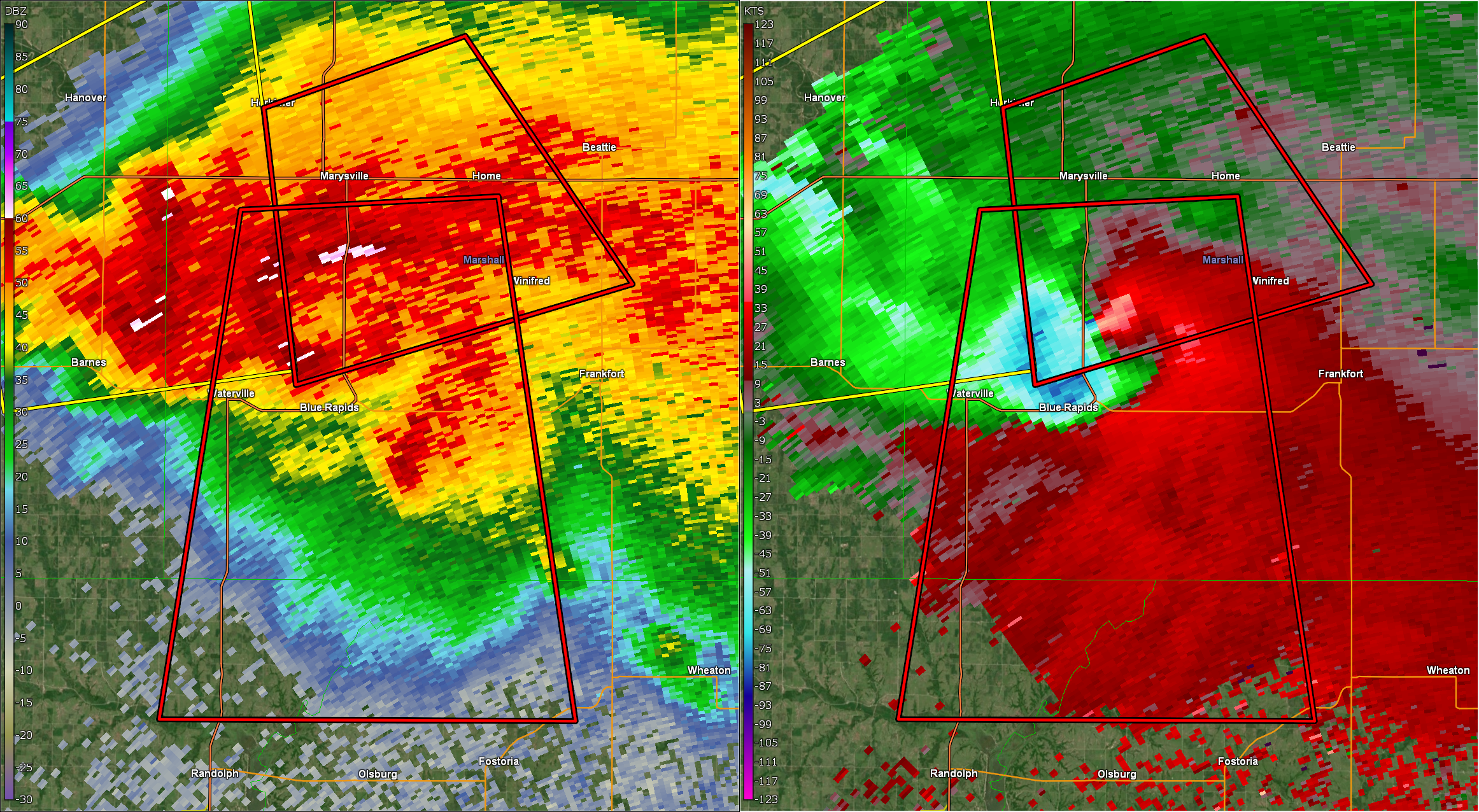 Radar at 6:26 with the tornado just north of Blue Rapids.